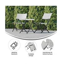 Emma+Oliver Ciel Three Piece Folding Bistro Set Pe Rattan With Metal Frames For Indoor And Outdoor Use