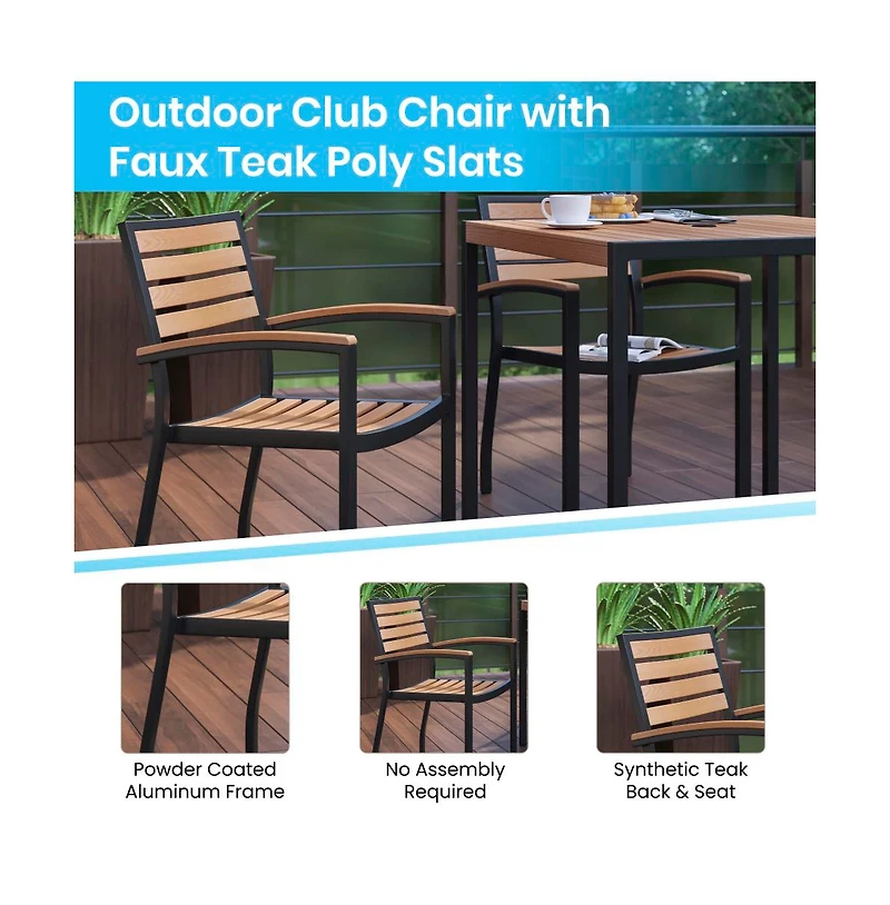 Hampstead Five Piece Faux Teak Patio Dining Set Includes Table, Two Club Chairs, 9' Patio Umbrella And Base