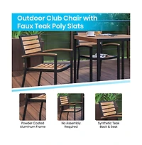 Hampstead Five Piece Faux Teak Patio Dining Set Includes Table, Two Club Chairs, 9' Patio Umbrella And Base