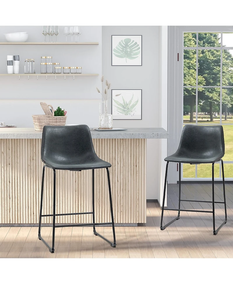 Homcom Counter Height Bar Stools Set of 2 W/ Footrest, Vintage Pu Leather