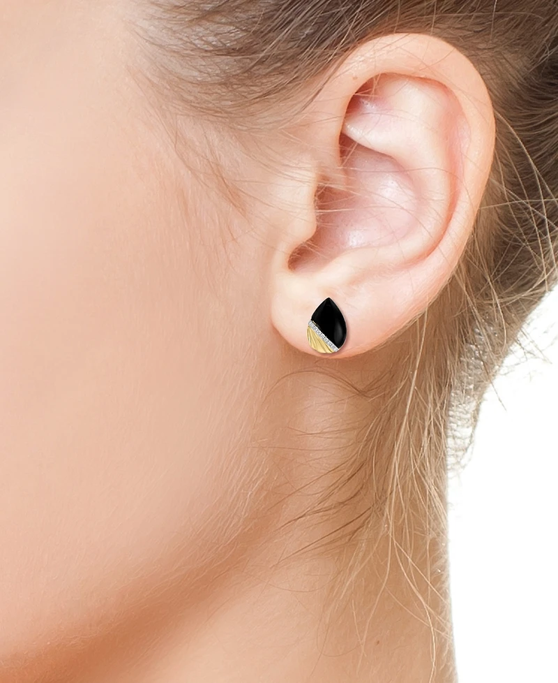 Effy Onyx & Diamond (1/10 ct. t.w.) Pear-Shaped Ridged Stud Earrings in 14k Gold