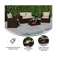 Atlas 4 Piece Patio Set Contemporary Loveseat, 2 Chair And Coffee Table With Back Pillows Seat Cushions