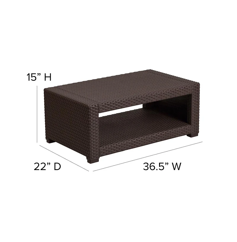 Malmok Outdoor Furniture Coffee Table Faux Rattan Wicker Pattern All-Weather Patio Coffee Table With Shelving