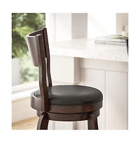 Tally 30" Classic Wooden Open Back Swivel Bar Height Pub Stool With Upholstered Padded Seat And Integrated Footrest