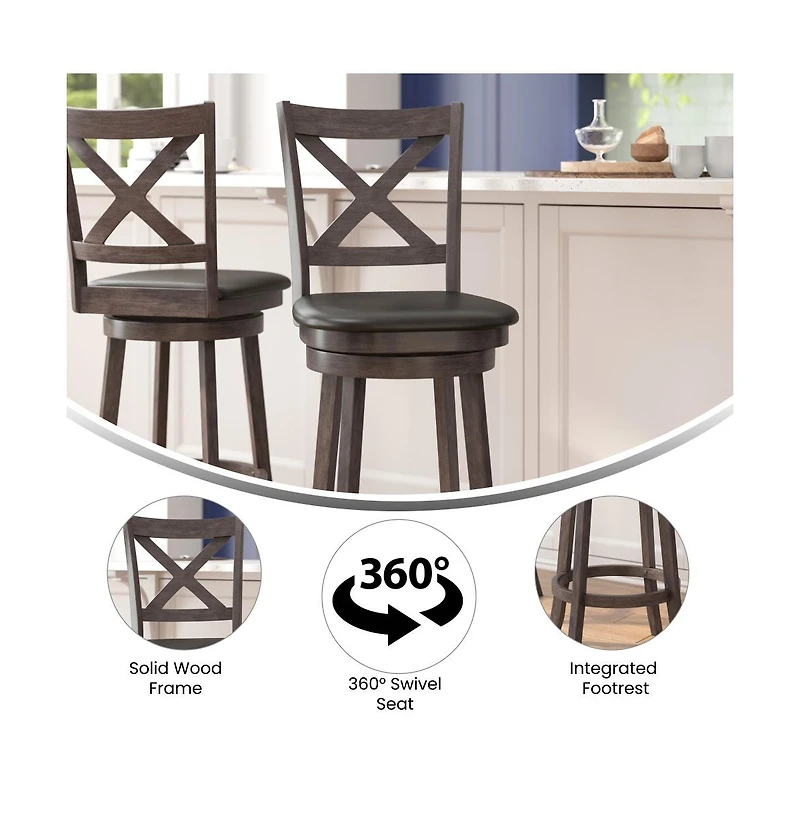 Sora Classic Wooden Crossback Swivel Bar Height Pub Stool With Upholstered Padded Seat And Integrated Footrest
