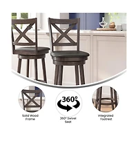 Sora Classic Wooden Crossback Swivel Bar Height Pub Stool With Upholstered Padded Seat And Integrated Footrest