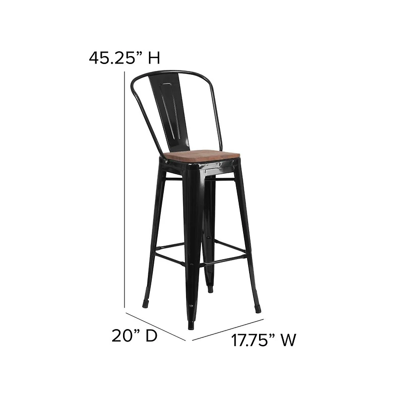 Donnelly Metal Dining Stool With Curved Slatted Back And Textured Wood Seat