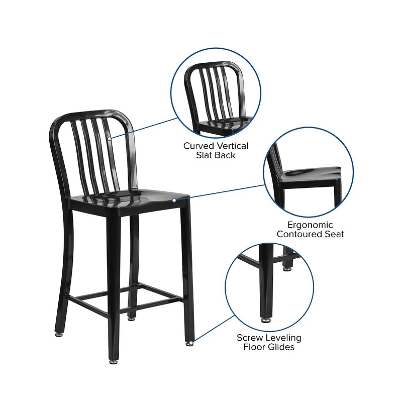 Merrick Lane Santorini Galvanized Steel Indoor/Outdoor Counter Bar Stool With Slatted Back And Powder Coated Finish