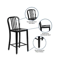 Merrick Lane Santorini Galvanized Steel Indoor/Outdoor Counter Bar Stool With Slatted Back And Powder Coated Finish