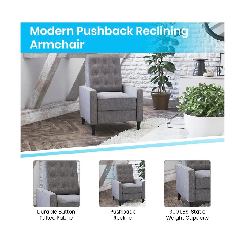 Darcy Recliner Chair Mid-Century Modern Tufted Upholstery Ergonomic Push Back Living Room Recliner