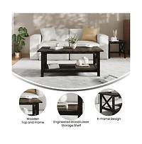 Matty Rustic Coffee Table With Lower Shelf, Farmhouse Style Solid Wood Accent