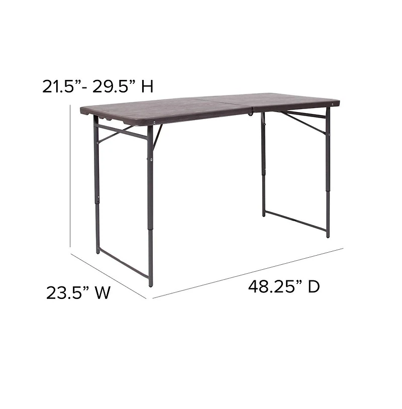 4-Foot Height Adjustable Bi-Fold Dark Gray Plastic Folding Table With Handle