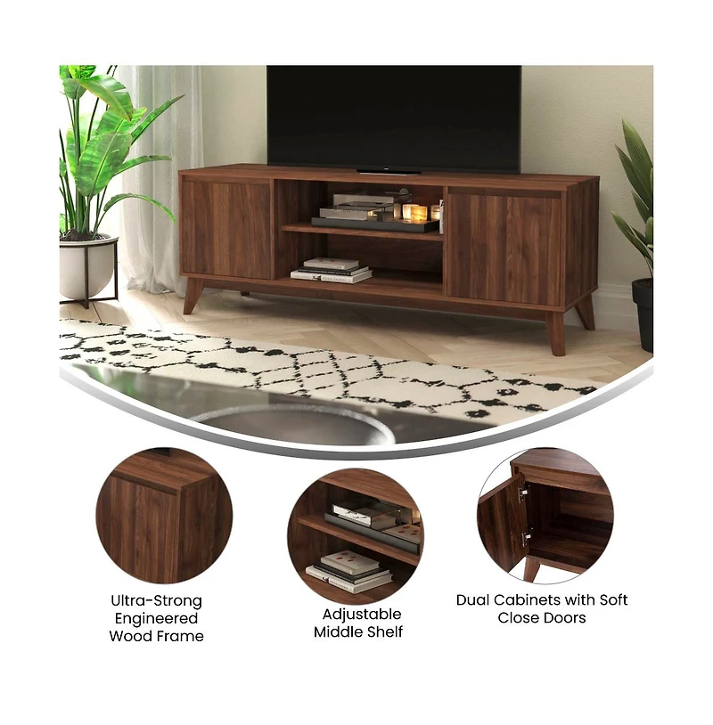 Emma+Oliver Beverly Mid-Century Modern Wooden Tv Stand With Soft Close Doors, Shelf, Cord Management Hole And Tapered Legs