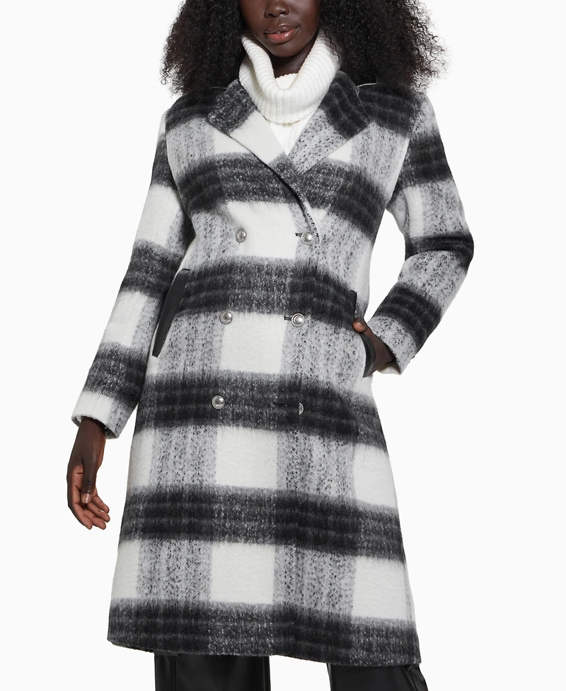 Guess Women's Double-Breasted Mid-Length Plaid Coat