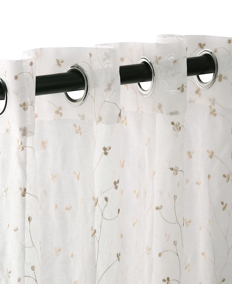 Superior Traditional Embroidered Delicate Flower Farmhouse Sheer Grommet 2-Piece Curtain Panel Set with Grommet Header Top