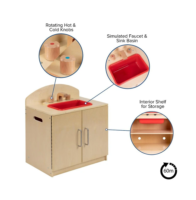 Children's Wooden Kitchen Sink With Turnable Knobs For Commercial Or Home Use