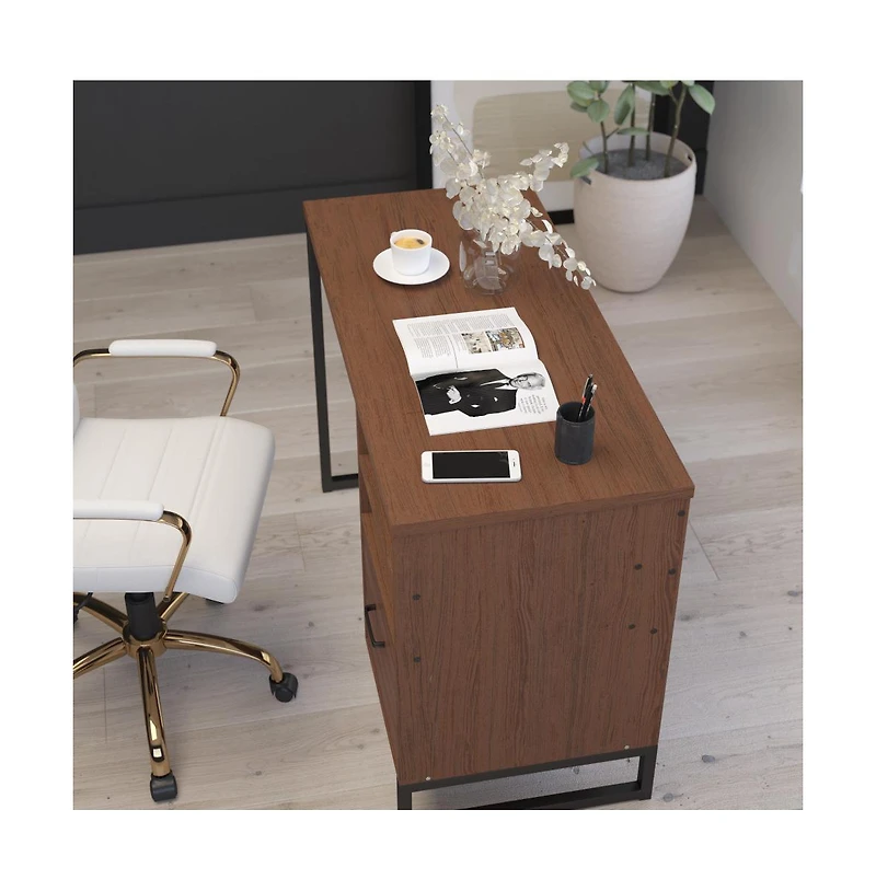 Merrick Lane Brighton Rustic Computer Desk With Shelving And Storage Drawer Metal Frame Pedestal Base Home Office Desk