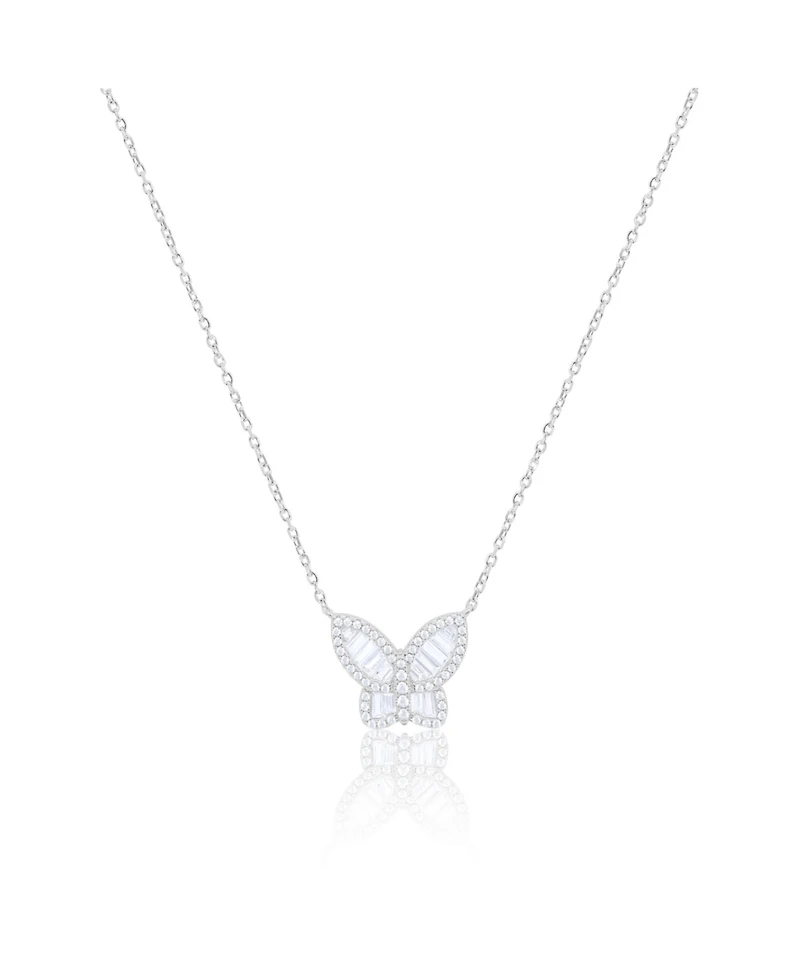Etoielle White Gold Cz Baguette Butterfly Necklace