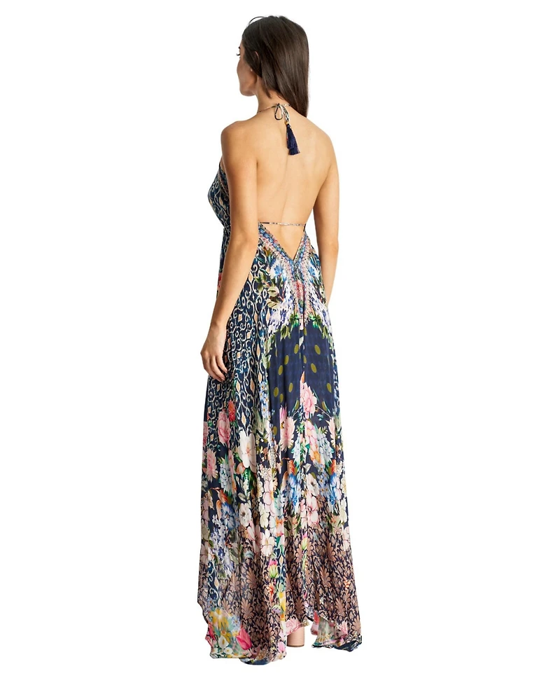 La Moda Clothing Women's Maxi Tropical Print Halterneck Dress