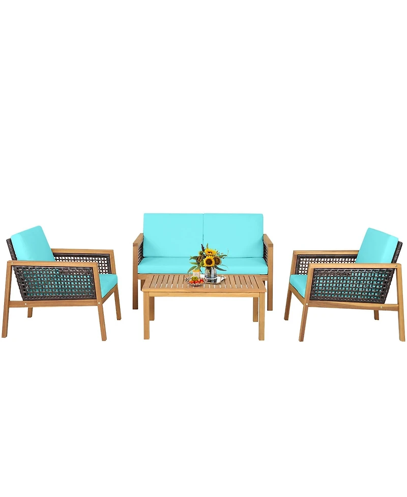 Gymax 4PCS Patio Acacia Wood Furniture Set Pe Rattan Conversation Set w/ Turquoise Cushions