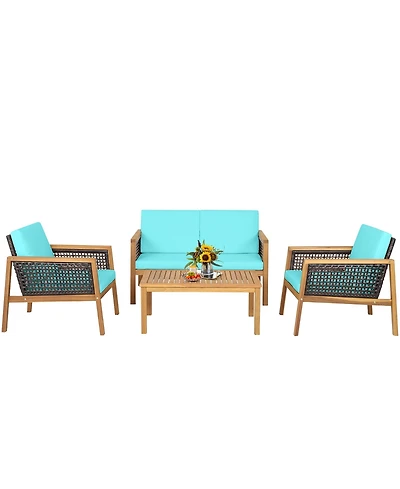 Gymax 4PCS Patio Acacia Wood Furniture Set Pe Rattan Conversation Set w/ Turquoise Cushions