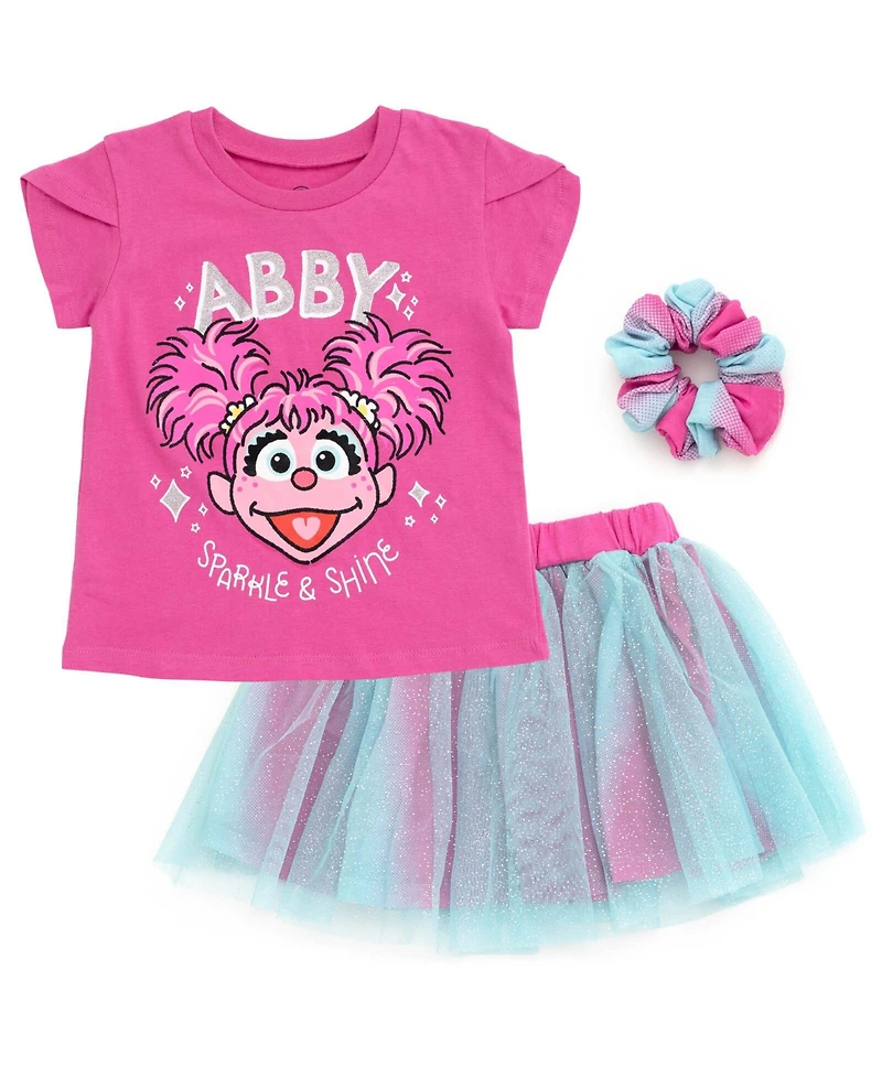 Sesame Street Toddler Girls Elmo Abby Cadabby T-Shirt Tulle Skirt and Scrunchie 3 Piece Outfit Set to