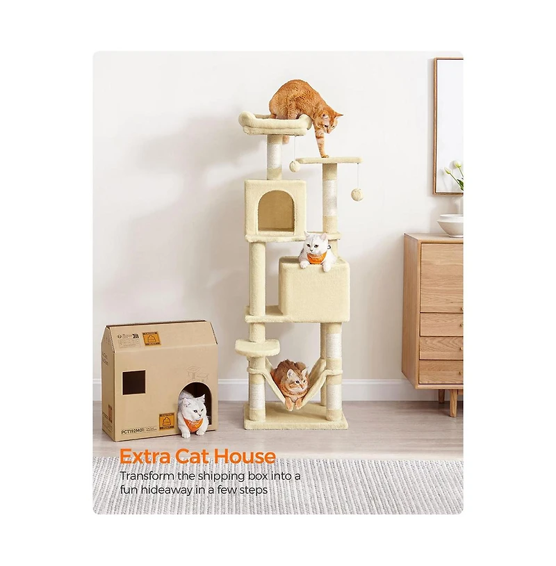 Slickblue Cat Tree Tower With Hammock, Basket, Scratching Posts, Cat Caves, Plush Perches, Cat Activity Center