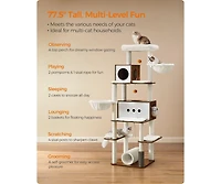 Slickblue Tall Modern Cat Tower, Multi-Level Cat Condo with 2 Caves, 2 Baskets, 4 Scratching Posts