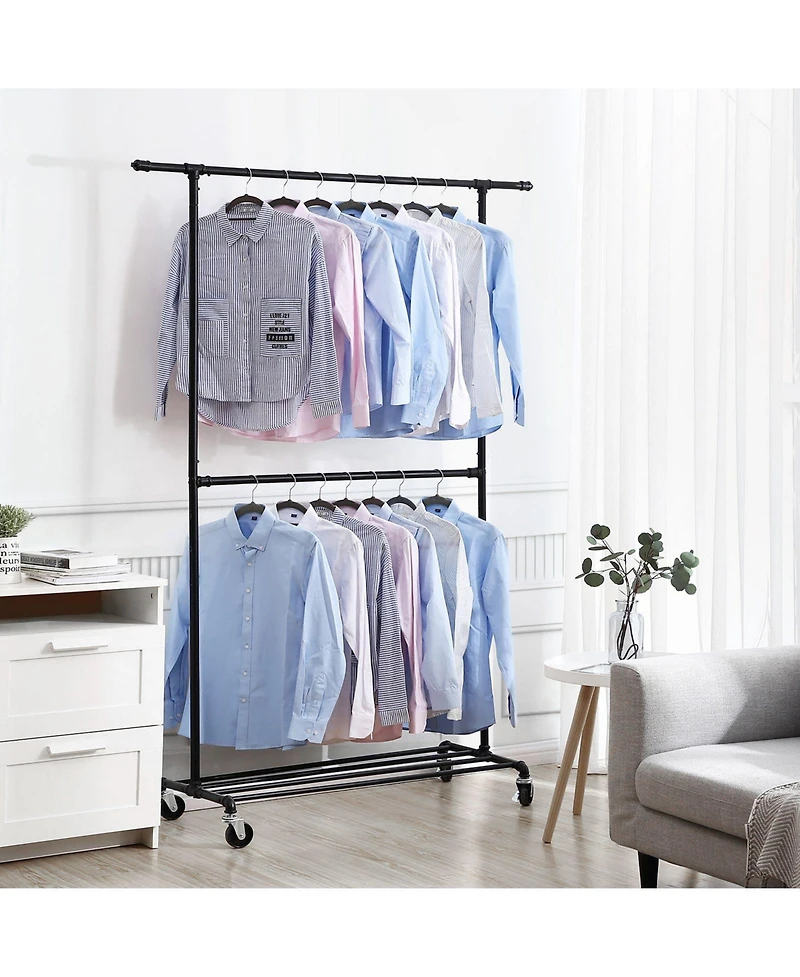 Slickblue Double Hanging Rod Metal Clothing Rack, Industrial Style Clothes Garment Rack On Wheels