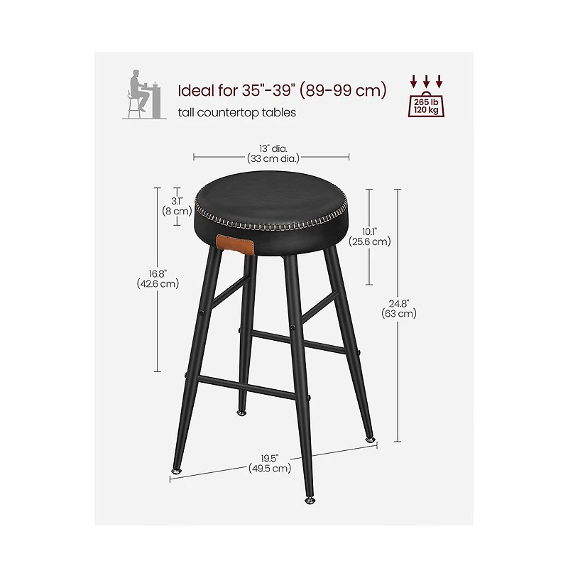Counter Stools Set Of 2, Kitchen Stools, Breakfast Synthetic Leather With Stitching