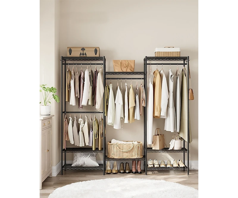 Slickblue Freestanding Metal Clothing Racks, Garment Rack with Adjustable Wire Shelves, Hanging Rods, Hooks