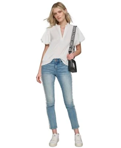 Karl Lagerfeld Paris Womens V Neck Puff Sleeve Blouse Contrast Logo Taping Jeans
