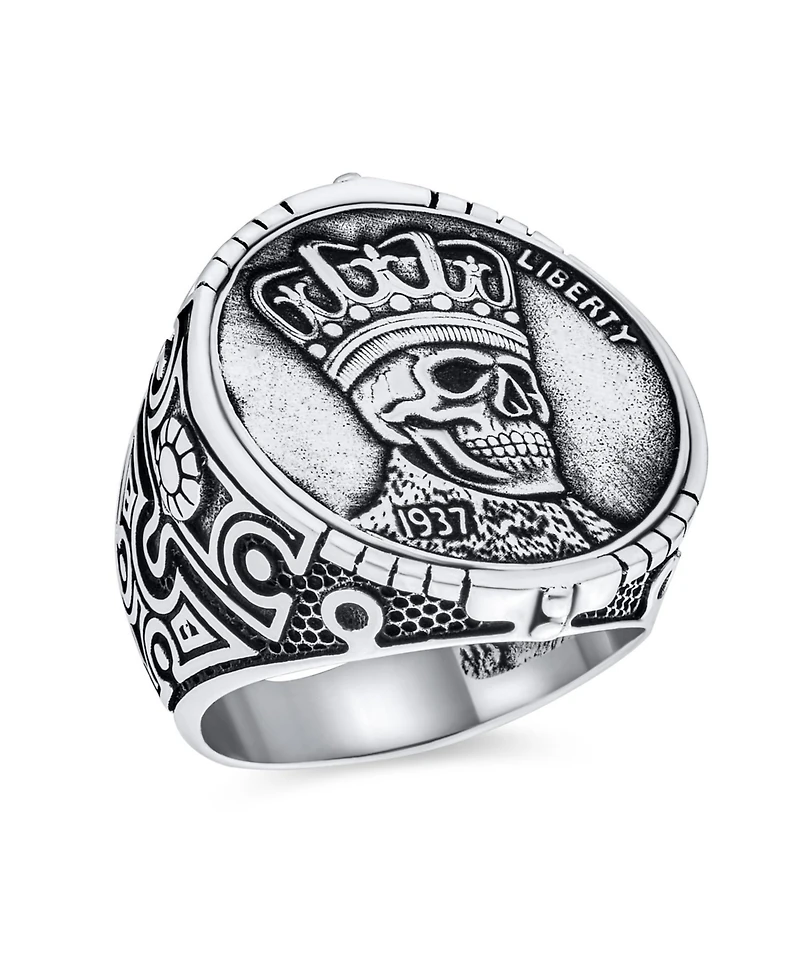 Bling Jewelry Statement Eagle Head Liberty 1937 Coin Novelty as Biker Gothic Crown Skull Ring Oxidized Sterling Silver