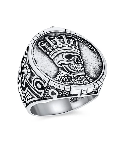 Bling Jewelry Statement Eagle Head Liberty 1937 Coin Novelty as Biker Gothic Crown Skull Ring Oxidized Sterling Silver