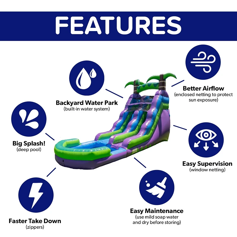 HeroKiddo 16 Purple Tropical Commercial Grade Water Slide Inflatable with Pool for Kids and Adults (with Blower), Wet Dry Use, Summer Fun