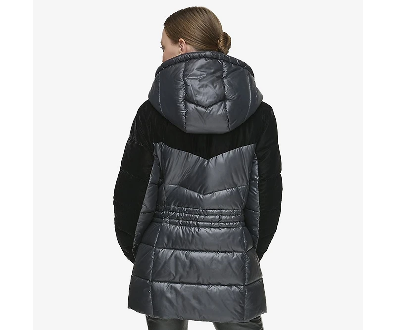 Women's Varna Velvet Mixed Quilted Puffer Jacket Within Attached Hood