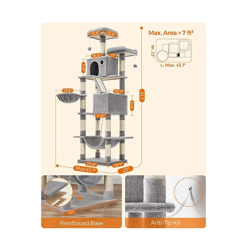 Slickblue Cat Tree, Cat Tower, Tall Cat Condo with Hammock, Basket, Scratching Posts, 2 Cat Caves, 2 Plush Perches, Cat Activity Center
