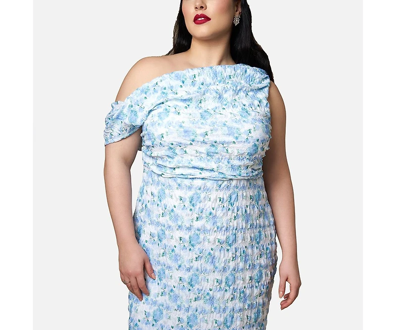 Rebdolls Women's Plus Size Forget Me Not Floral Asymmetrical Maxi Bodycon Dress
