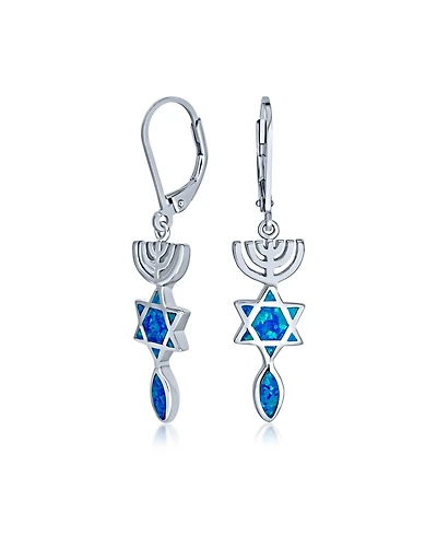 Bling Jewelry Created Blue Opal Religious Judaica Menorah Hanukkah Star Of David Leverback Dangle Earrings Bat Mitzvah Sterling Silver