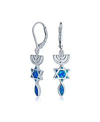 Bling Jewelry Created Blue Opal Religious Judaica Menorah Hanukkah Star Of David Leverback Dangle Earrings Bat Mitzvah Sterling Silver