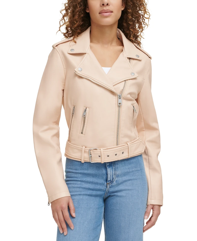 Levi's Women's Faux-Leather Belted Hem Moto Jacket