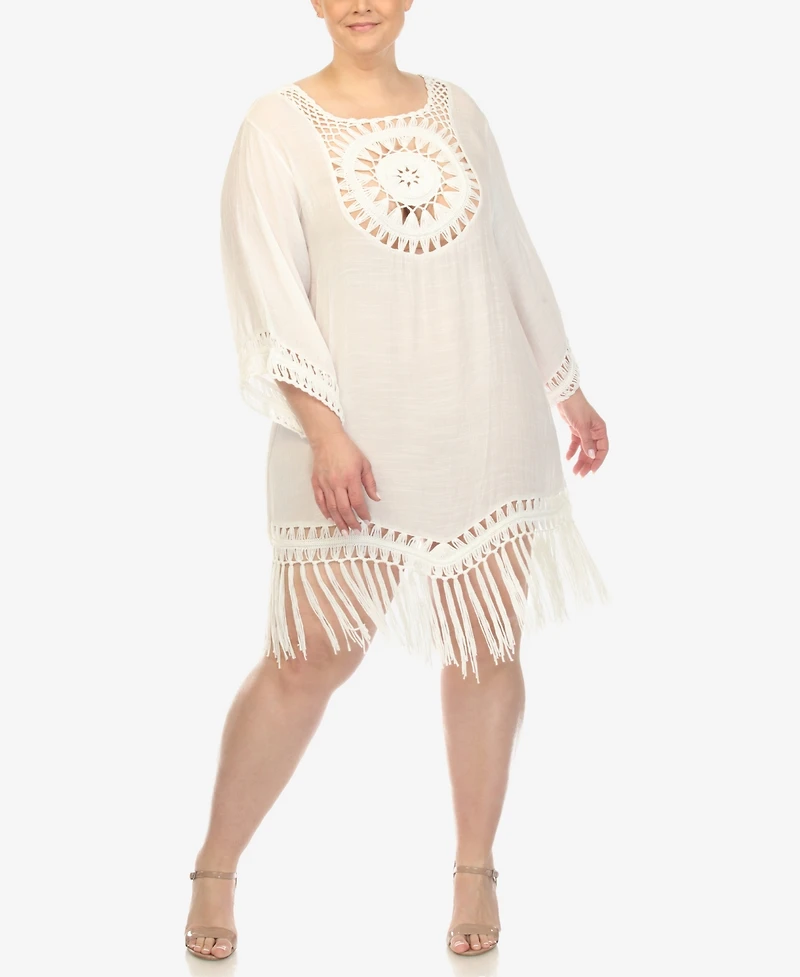 White Mark Plus Crocheted Fringed Trim Cover Up Dress
