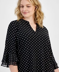Kasper Plus Dot-Print Flutter-Sleeve Blouse