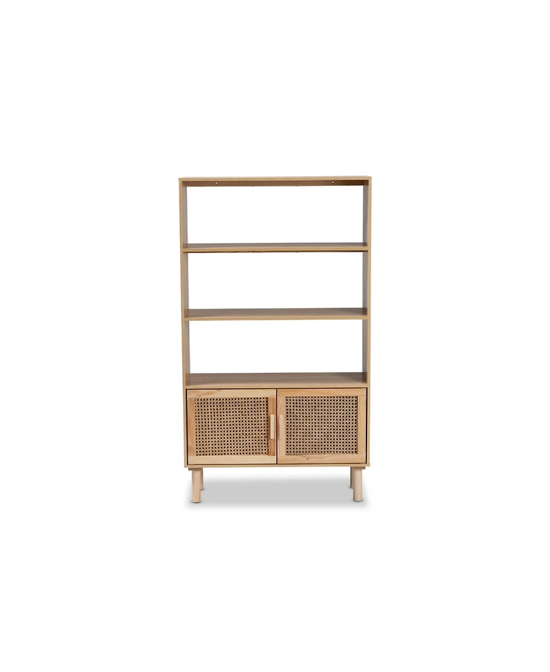 Baxton Studio Faulkner Mid-Century Modern Natural Brown Finished Wood and Rattan 2-Door Bookcase