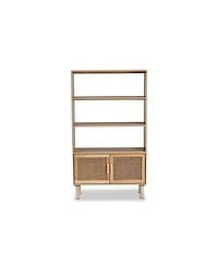 Baxton Studio Faulkner Mid-Century Modern Natural Brown Finished Wood and Rattan 2-Door Bookcase