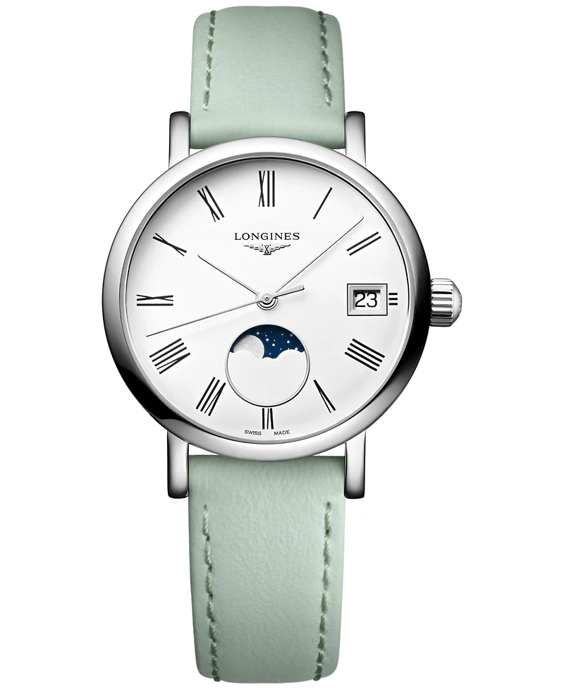 Longines Women's Swiss Elegant Moonphase Green Leather Strap Watch 30mm