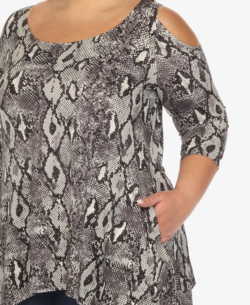 White Mark Plus Snake Print Cold Shoulder Tunic Top