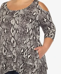 White Mark Plus Snake Print Cold Shoulder Tunic Top