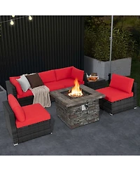 7 Pcs Patio Furniture Set with 50,000 Btu Fire Pit Table Wicker Sofa Set with Cushions
