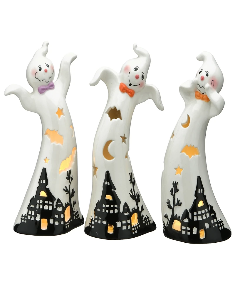 National Tree Company 7" Three Dancing Ghosts Ceramic Decoration, Led Lights, Pack of 3, Halloween Collection